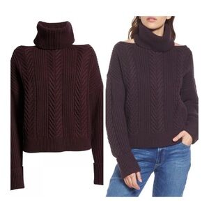 Paige Cable Knit Cold Shoulder Turtleneck Sweater Burgundy, NWOT